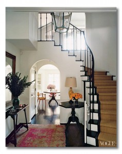 A grand foyer with a hint of pink, ditto this space via Fieldstone Hill Design