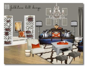 Living Room Design Board- a neutral room with flexible color punch - design by Fieldstone Hill Design