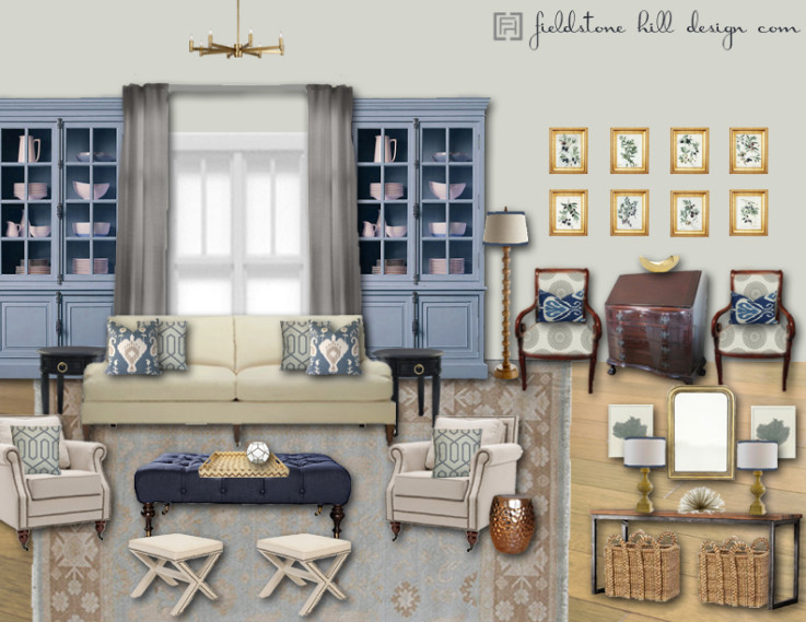 Blue and Gray Family Room Design Board by Darlene Weir of Fieldstone Hill Design